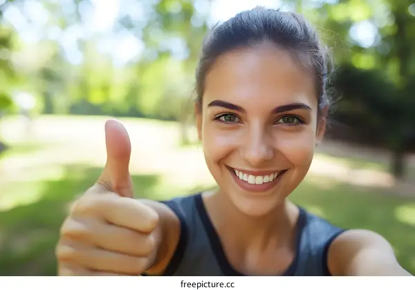 Smiling Woman Giving Thumbs Up Outdoors in Green Nature Background