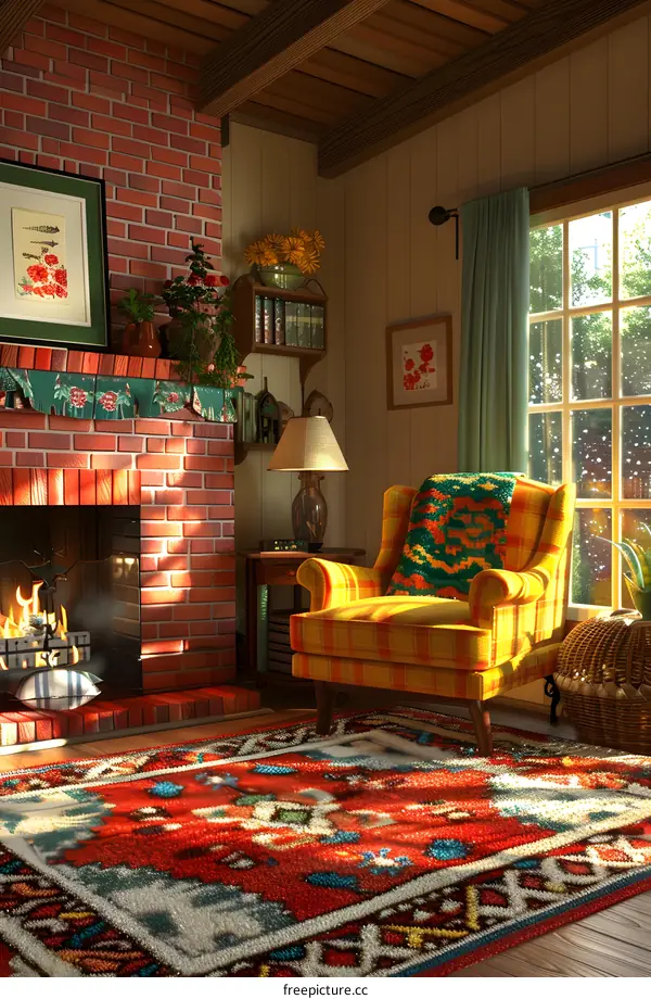 Cozy Living Room with Fireplace and Armchair