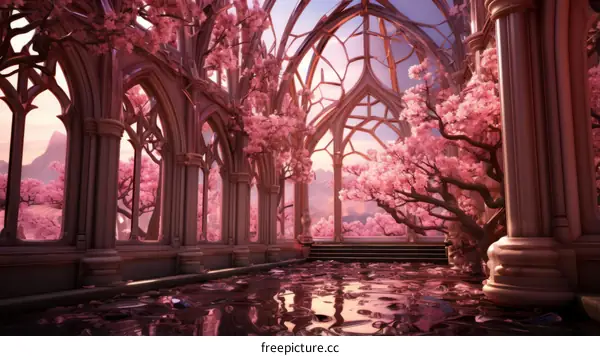 Sakura Blossoms in a Grand Hallway