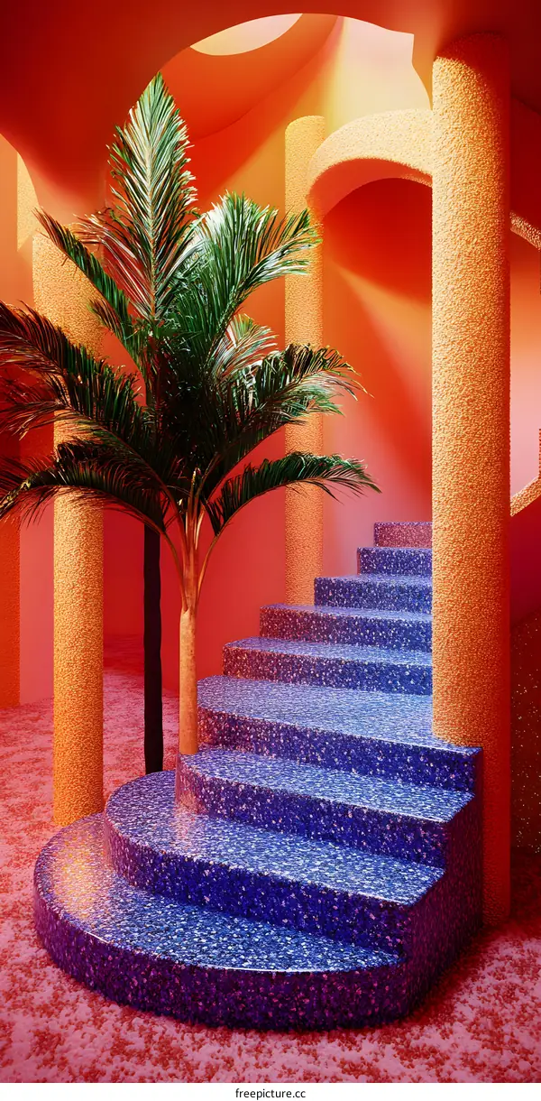Modern Staircase Design with Palm Tree and Colorful Walls
