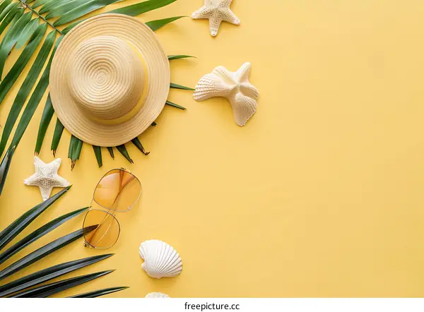 Summer Vacation Accessories on Yellow Background