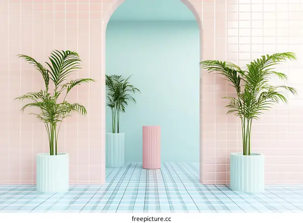 Pastel Pink and Blue Minimalist Room With Plants and Archway