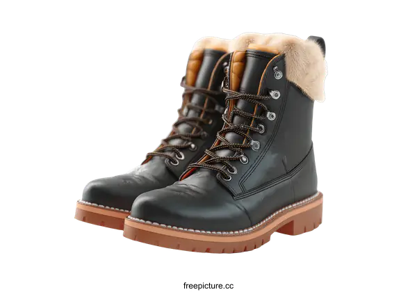 [Transparent Background PNG]Pair of Stylish Black Leather Winter Boots with Fur Trim