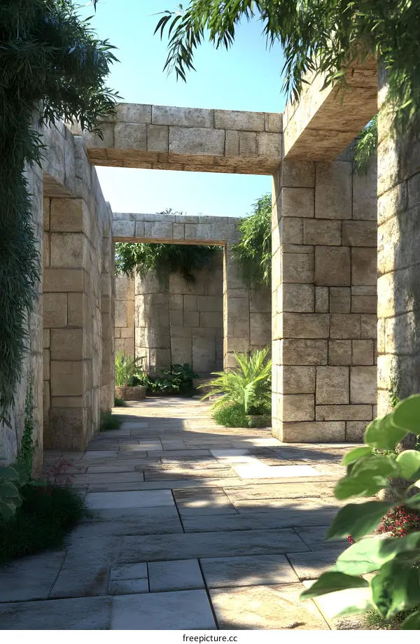Stone Archway and Plants in a Garden