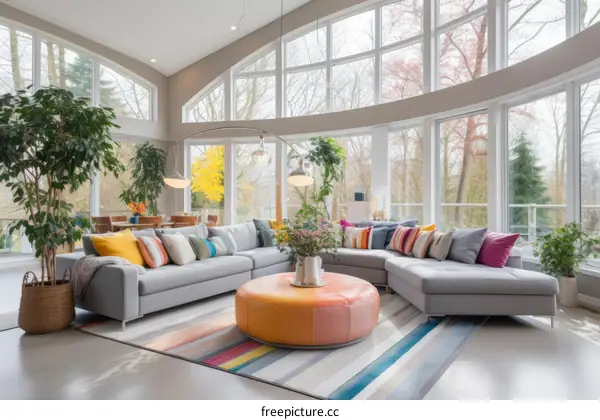 Modern Living Room with Sectional Sofa, Large Windows, and Open Floor Plan