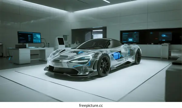 Transparent Concept Sports Car in Modern Technology Lab