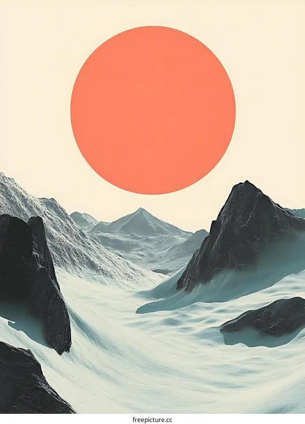 Minimalist Mountain Landscape with a Red Circle