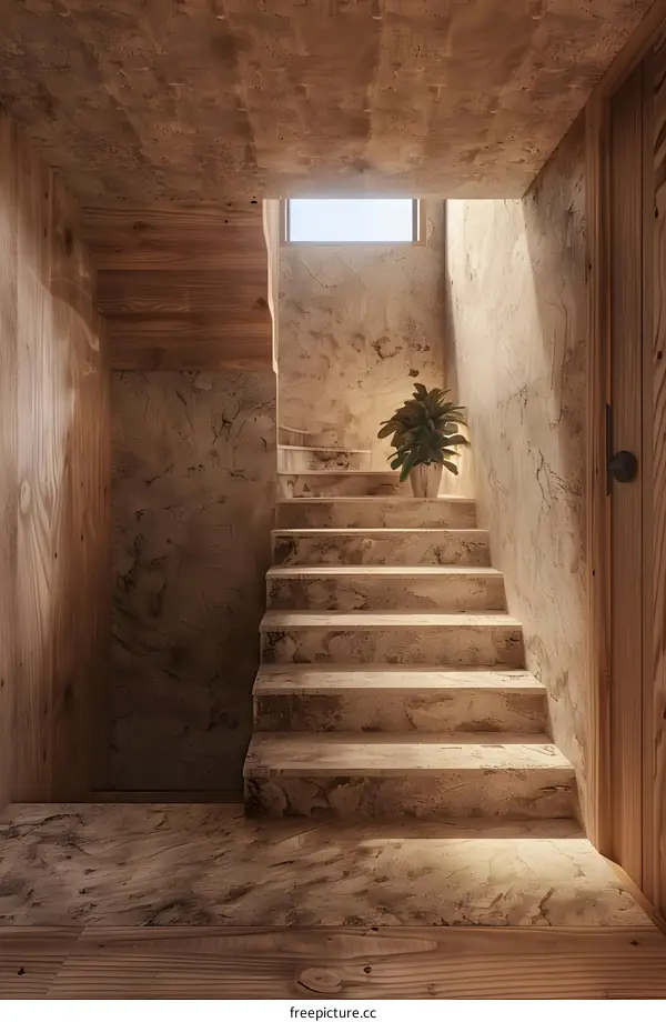 Wooden Staircase with Sunlight and Plant in a Minimalist House