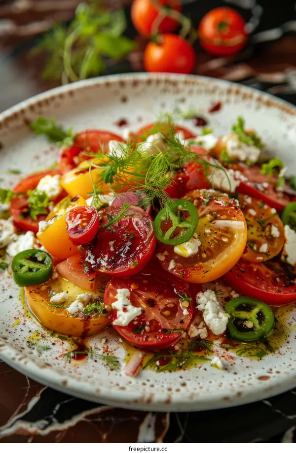 Heirloom tomatoes with goat cheese and jalapeno