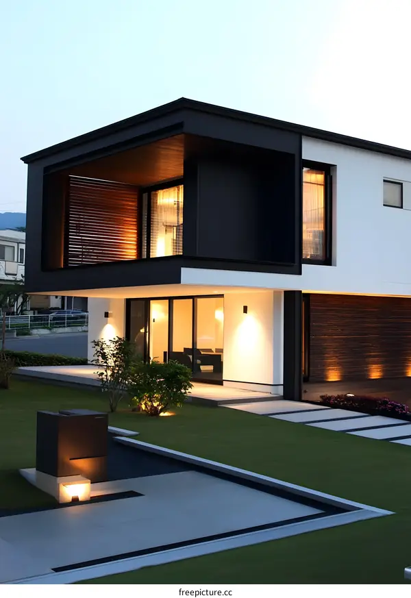 Modern House with Black and White Exterior and Green Lawn