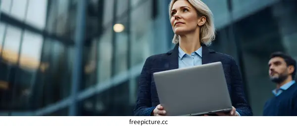 Businesswoman Holding Laptop In Front of Modern Building
