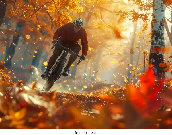 A mountain biker rides through a forest in the fall