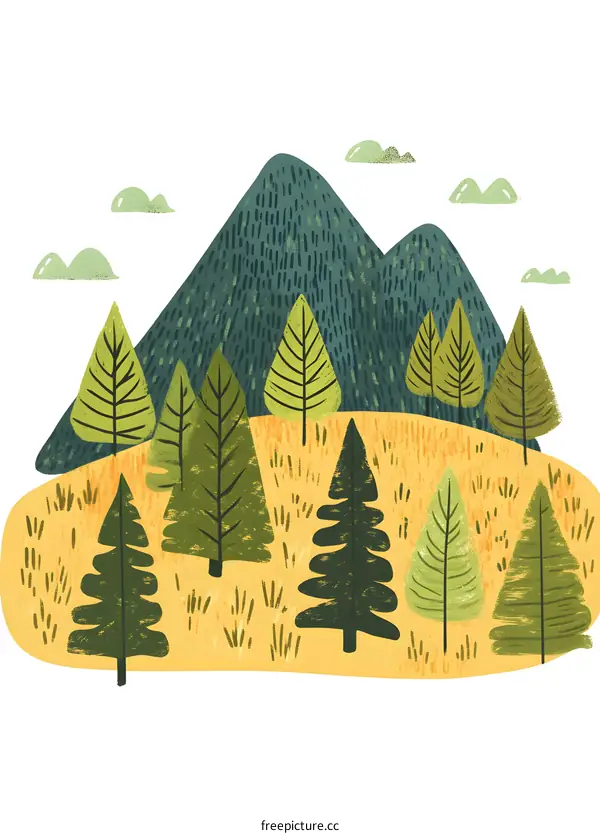 Green Mountain Illustration with Trees and Clouds
