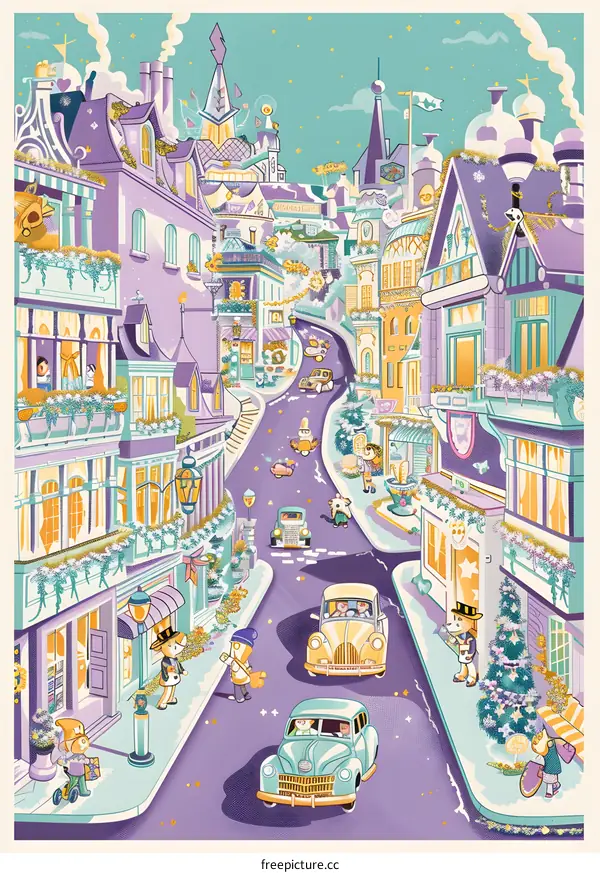 Christmas Town Illustration With Cars and People