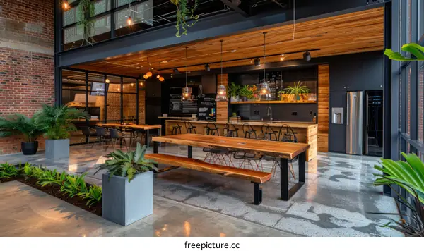 Modern Open Office with Communal Kitchen and Dining Area