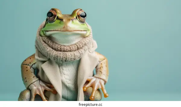 A frog wearing a beige sweater