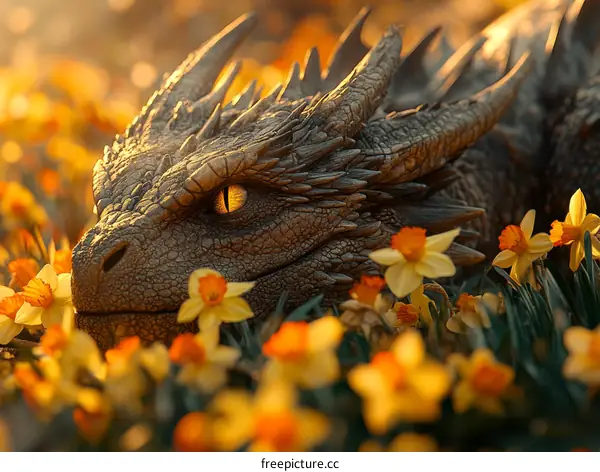 Dragon Among Daffodils  A Magical Creature in Springtime
