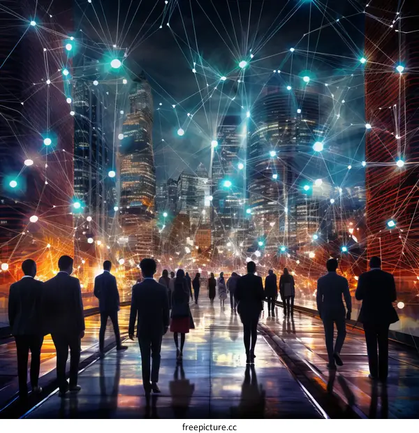 Business professionals walking in a futuristic city with skyscrapers and glowing network connections representing a global business network