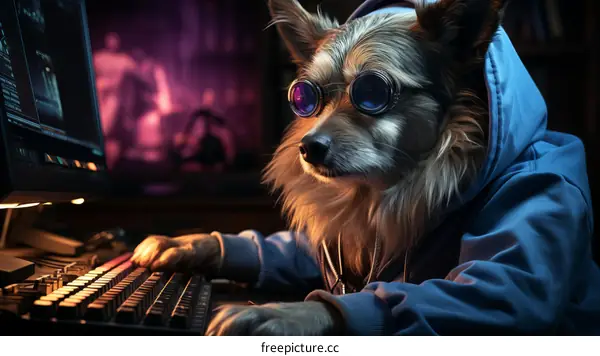A dog wearing glasses and a hoodie is sitting at a computer desk and typing on the keyboard.