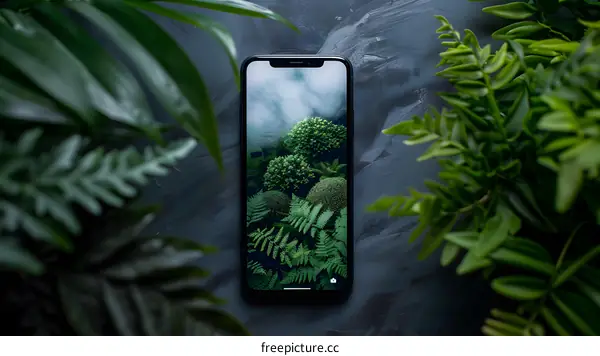 Green Landscape Phone Screen  On Table