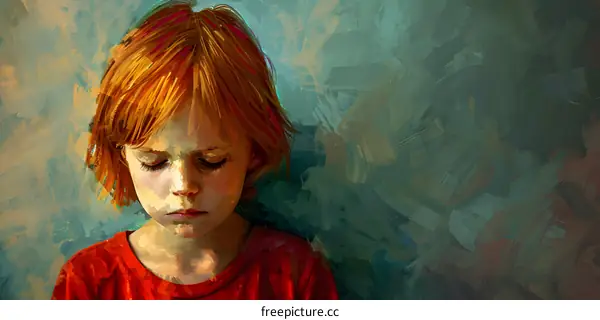 sad little girl with red hair looking down