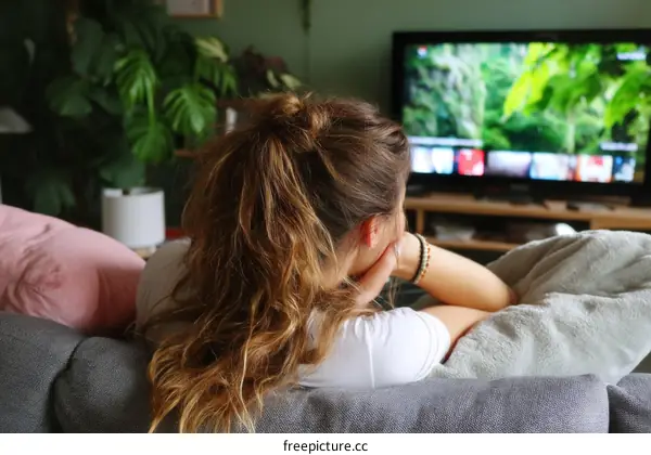 Woman Watching TV at Home Relaxing