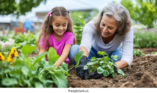 Grandmother and Granddaughter Planting Flowers in Garden