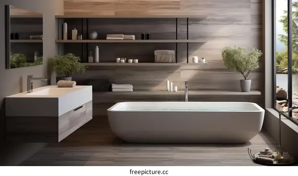 Bathroom interior with bathtub, sink and shelves