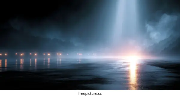 Mysterious Foggy Night Road with Light Beam