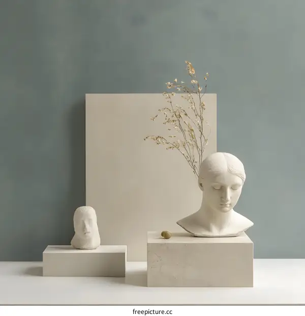 White Bust Sculpture with Dried Flowers on a Shelf