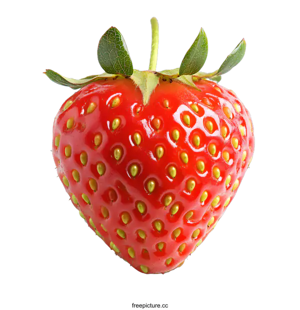[Transparent Background PNG]Close Up Photo of a Single Red Strawberry with Green Leaves