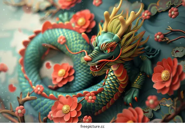 Green Dragon with Golden Horns and Red Flowers