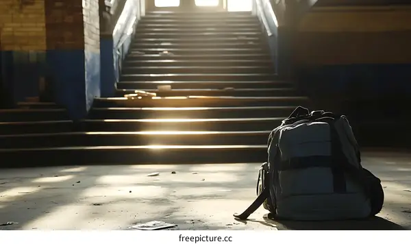 Abandoned Backpack on Old Stairwell