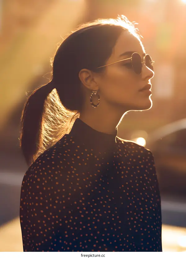 Woman with Sunglasses and a Polkadot Blouse Looking at the Horizon