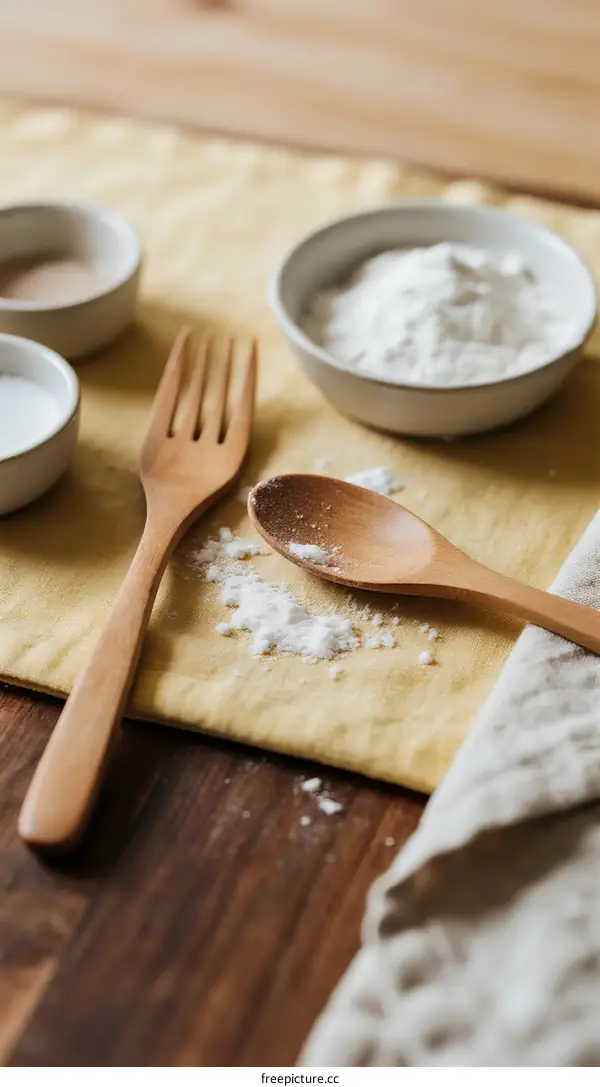 Wooden utensils and flour on a yellow cloth for cooking