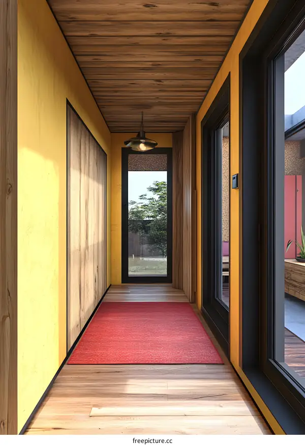Modern Interior Design Hallway with Red Carpet and Wooden Floor