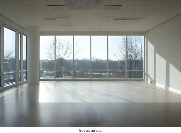 Empty Modern Office with Large Windows and City View