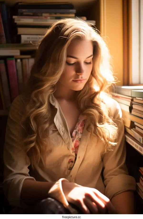 Portrait of a beautiful young woman sitting in a library