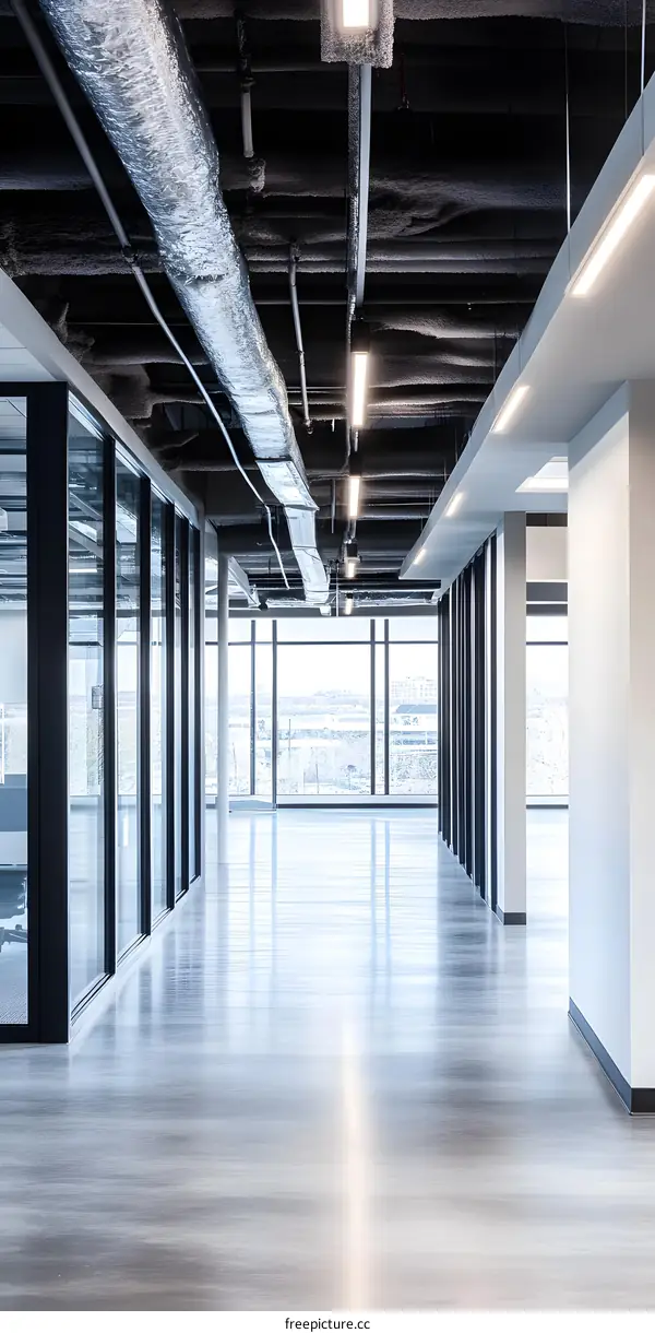 Modern Office Interior with Exposed Ceiling and City View