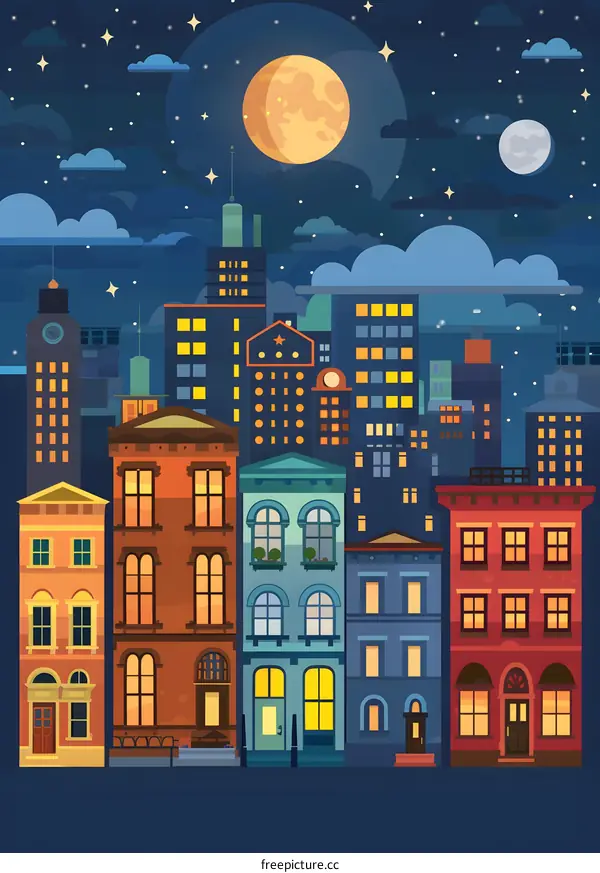 Night Cityscape with Full Moon and Stars