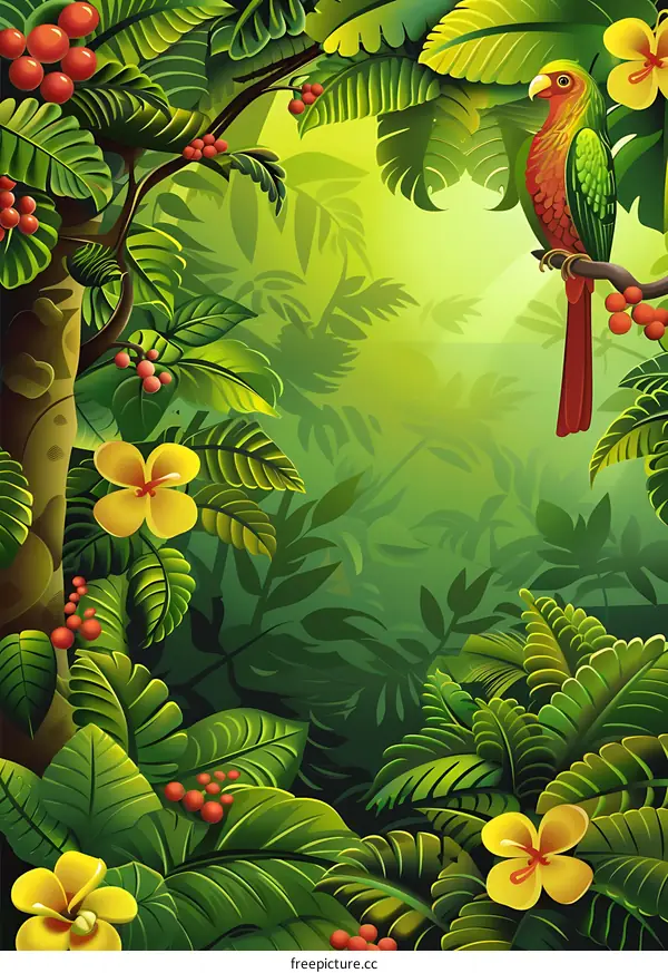 Tropical Rainforest Illustration with Parrot