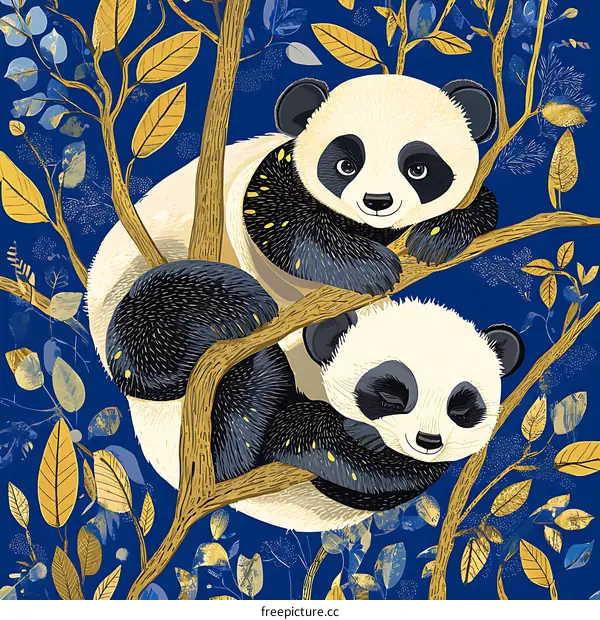 Two Pandas Sleeping In A Tree Illustration