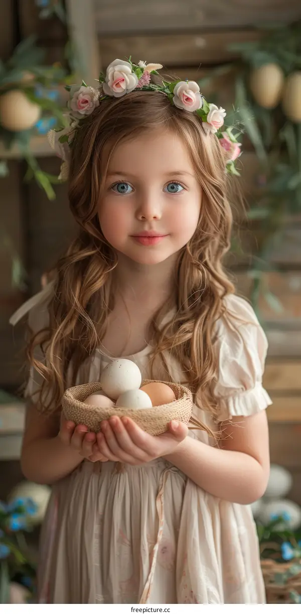 Little girl with a basket of eggs
