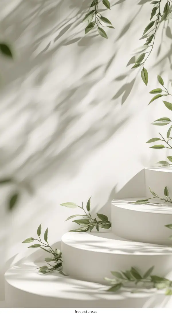 White Steps with Green Leaves and Natural Light