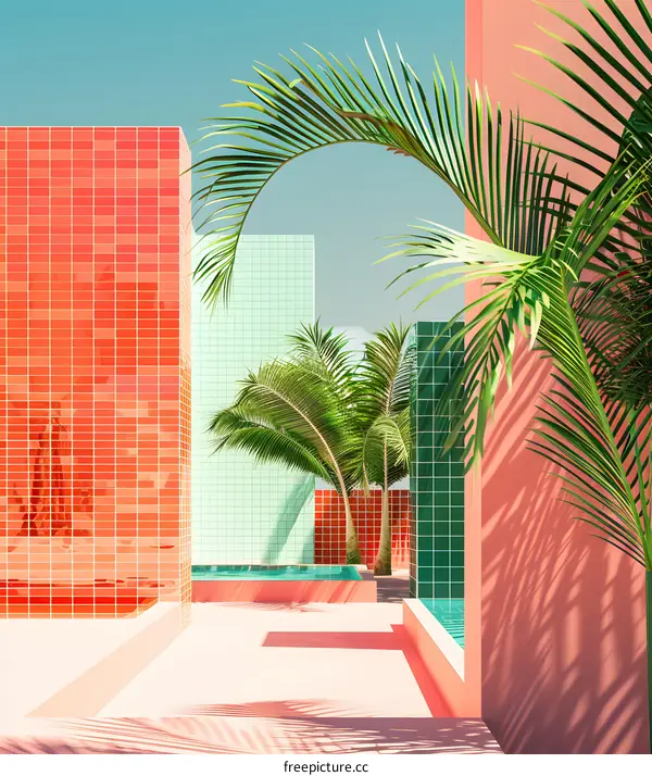 Tropical Minimalist Architecture with Palm Trees and Geometric Walls