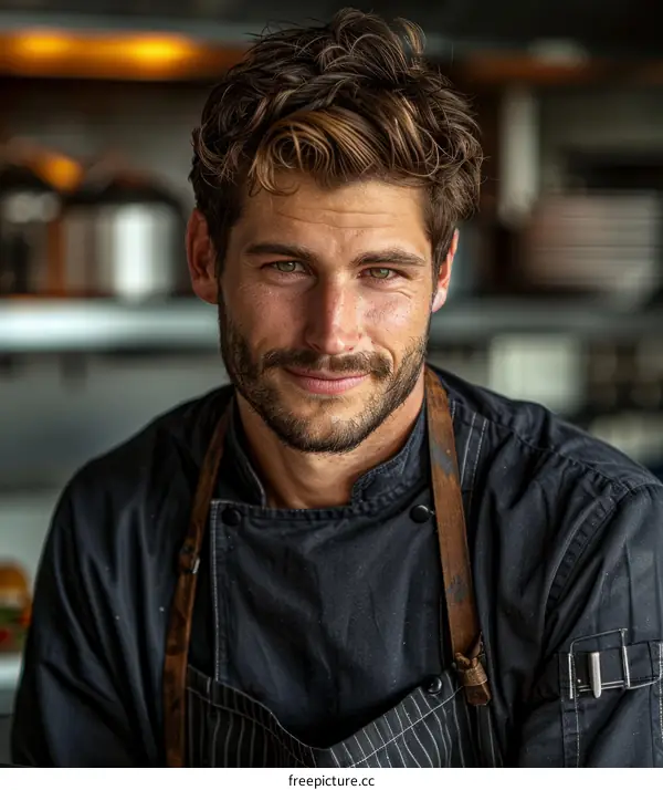 Portrait of a male chef in a black uniform smiling