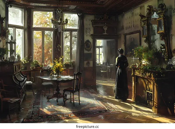 elegant room interior in retro style with woman in long black dress