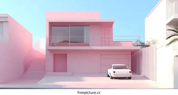 Minimalist Pink House with White Car