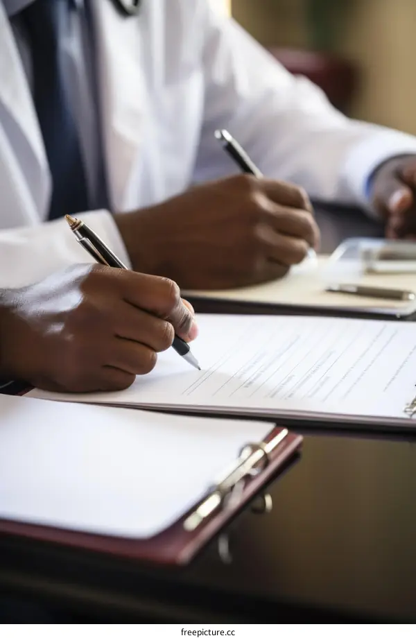 Two doctors of African descent are signing documents in a hospital.