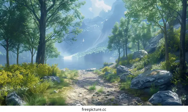 Fantasy Landscape with Lake and Mountains